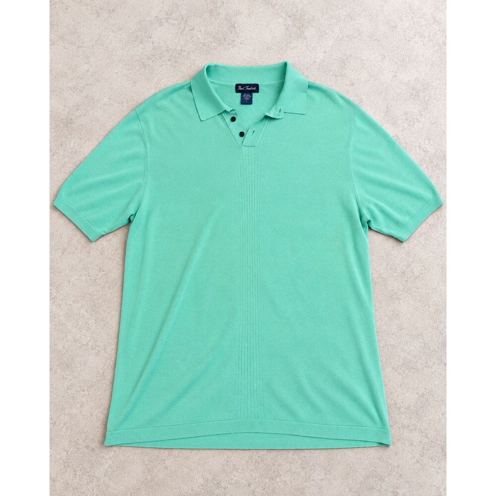 Paul Fredrick Mens L Mint Green 80% Silk Cotton Knit Polo Shirt Short Sleeve